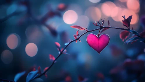 Crimson Heart Suspended on Branch. Love Symbol.