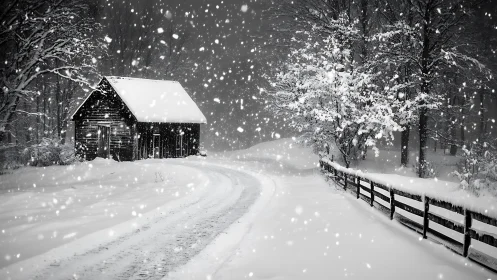 Snow-covered cabin stands beside winding rural winter road
