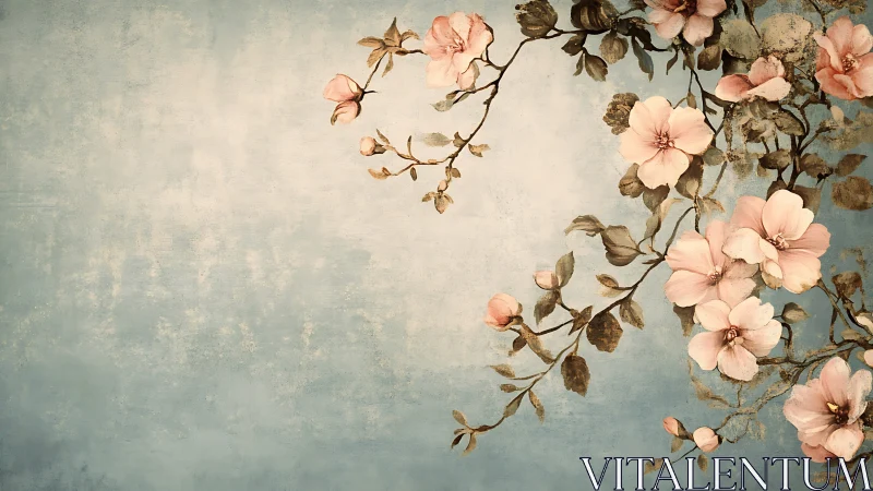 Vintage Blossoms Dance Across Soft Blue Canvas.