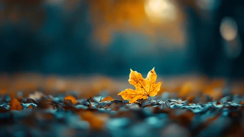 Single golden leaf glows softly against a dreamy teal blur