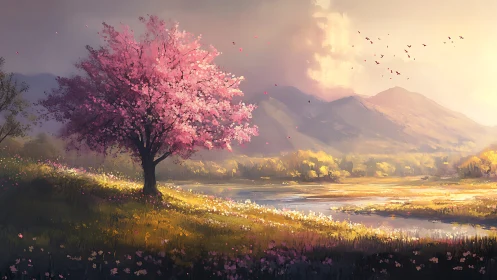 Pink-blossomed tree stands beside reflective river at sunset