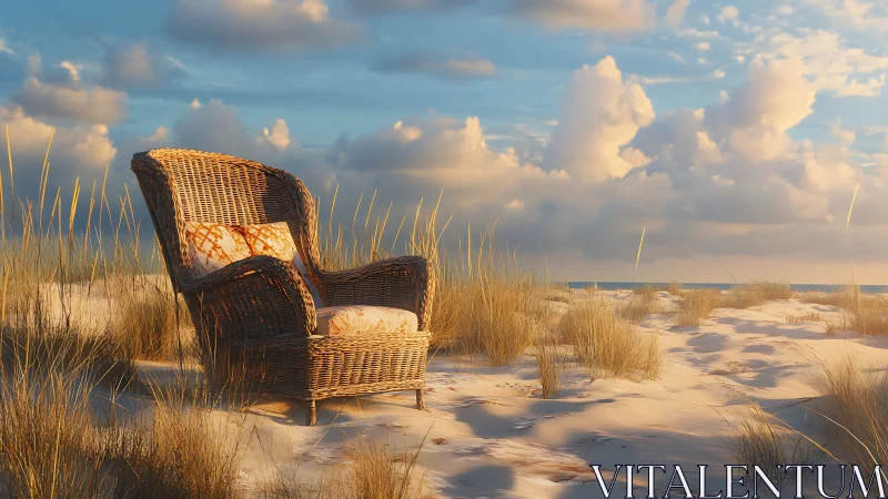Wicker chair on sandy coastal dunes under evening sky.