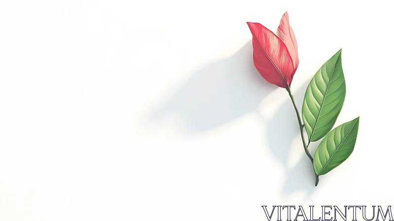 Single red flower stem with green leaves on bright background