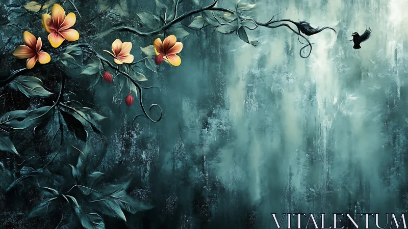 Moonlit jungle blossoms cradle a solitary midnight bird.