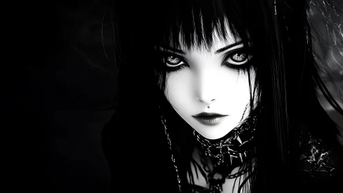 Mysterious gothic girl with luminous eyes in deep shadow.