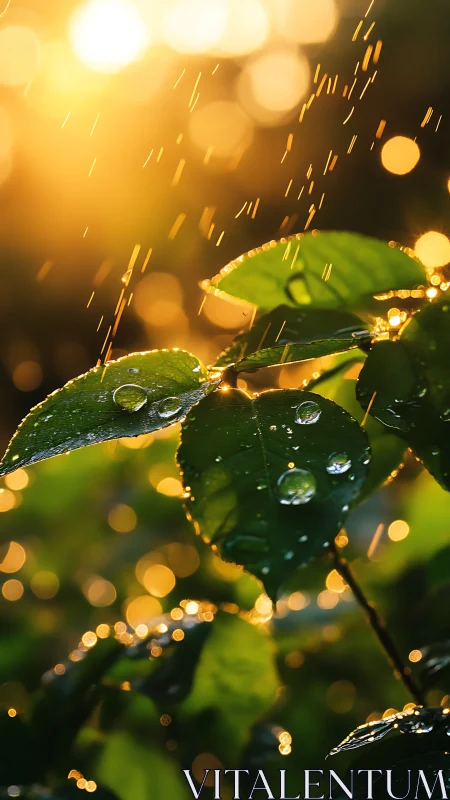 Sunlit green leaves with raindrops and falling water streaks