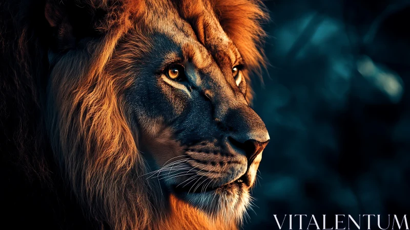 Majestic lion portrait with golden mane in deep shadow.