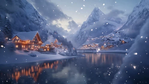 Snowy alpine village with warm chalet lights by river.