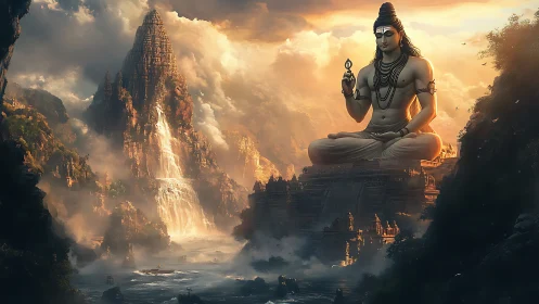 Digital landscape depicts monumental seated deity and waterfall