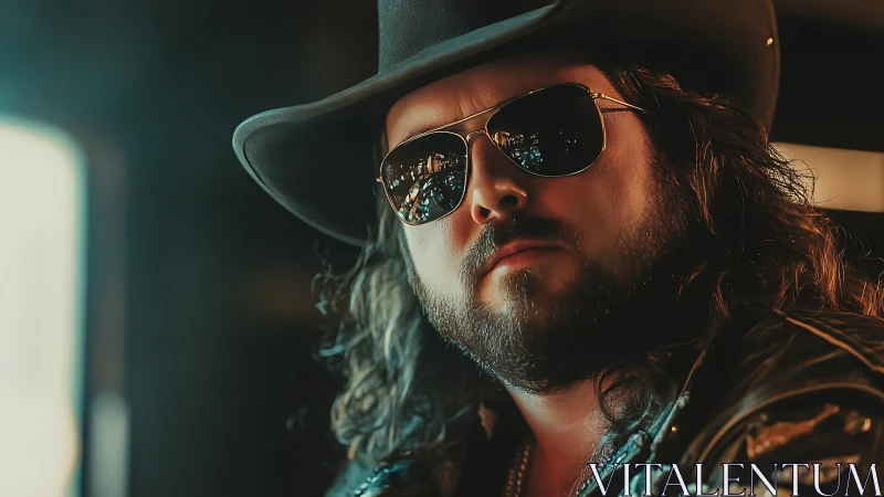 Bearded cowboy in sunglasses under warm cinematic light.