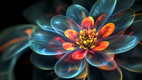 Luminous fractal flower glows in radiant neon hues.