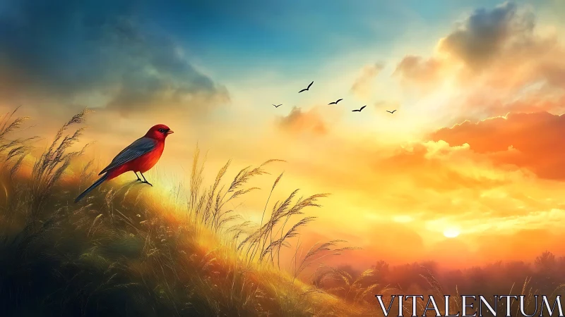 Red songbird on grassy hillside under vivid sunset sky.