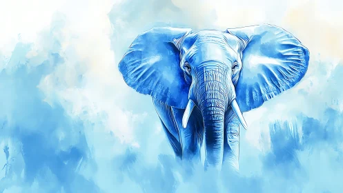 Blue watercolor elephant emerges from soft misty background