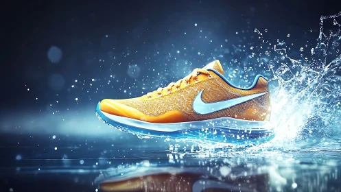 Orange running shoe splashing through bright blue water scene.