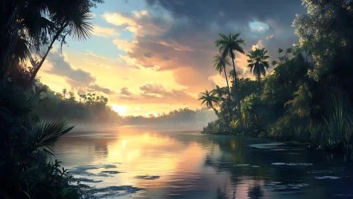 Digital painting of tropical river sunset with lush foliage.