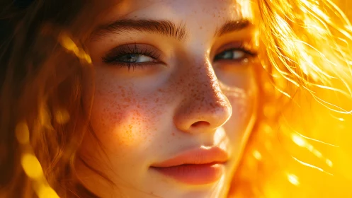 Sunlit freckled portrait glows with soft golden warmth
