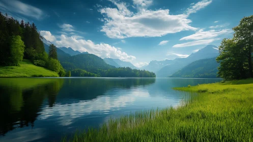 Photorealistic alpine lake vista with mirrored forest reflections.