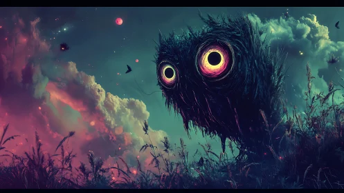 Large silhouetted creature occupies a dusk field under clouds