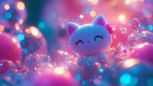 Lucky Cat in Glowing Dreamscape with Bubbles.