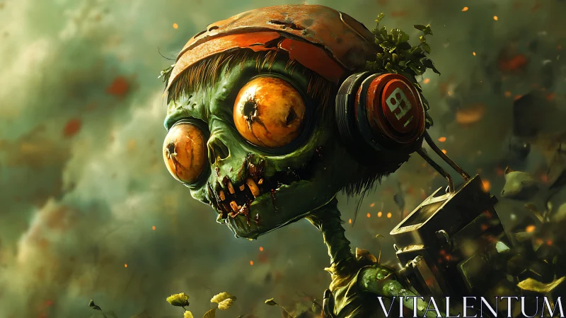 Cartoon zombie soldier with headset in toxic green haze.