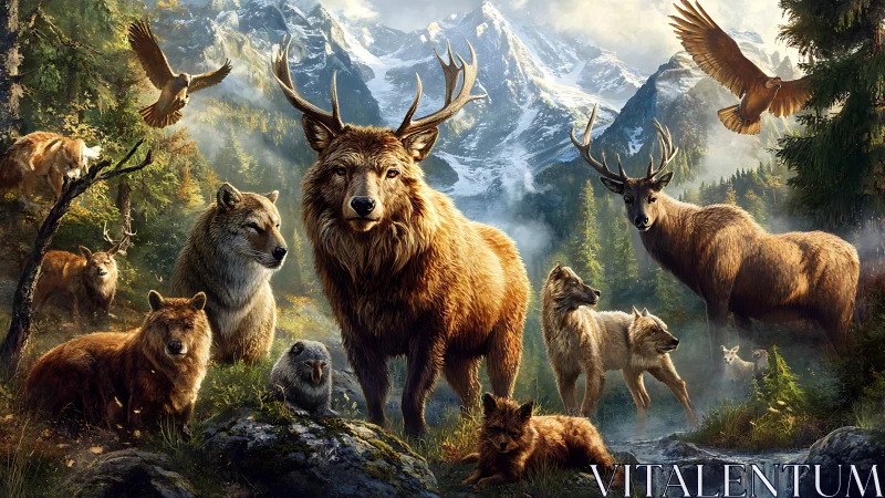 Mountain wildlife group scene with deer, wolves and eagles.