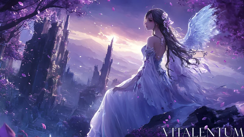 Winged figure surveys luminous ruin-scape under violet dawn light