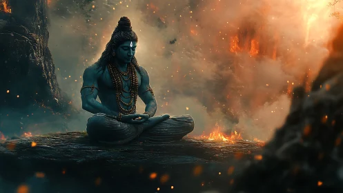 Blue meditative deity sits above molten volcanic firestorm.
