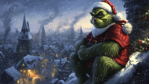 Green mischief sits above the snowy town and plots cheer