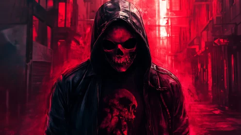 Digital painting of hooded skull figure in neon red alleyway.