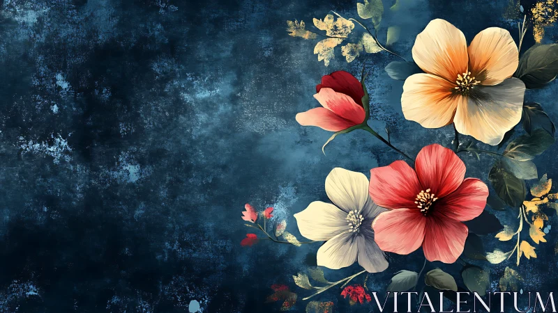 Floral composition blooms against textured teal backdrop.