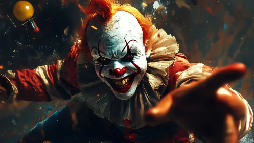 Sinister clown figure lunging forward with outstretched hand.