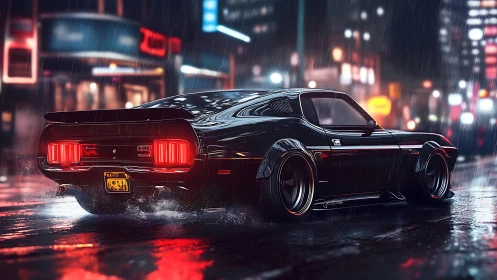 Modified black muscle car on wet neon city street at night.