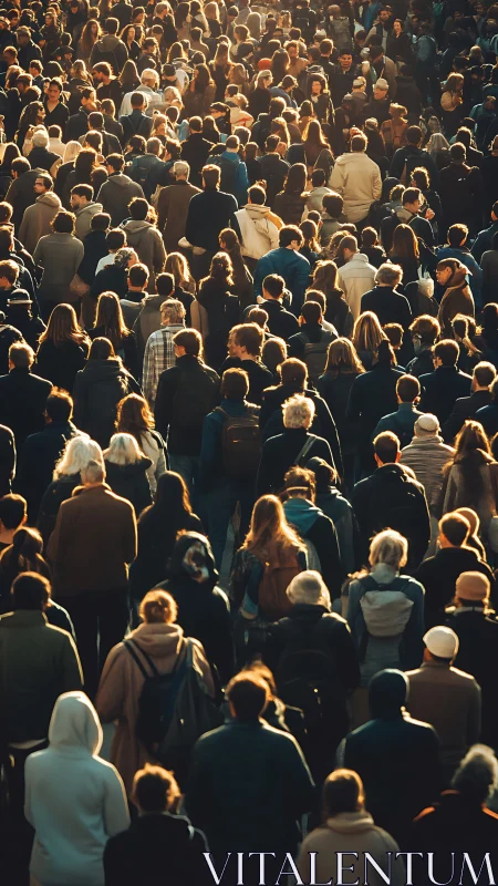 Dense urban crowd in warm evening backlight on street.
