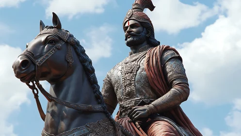 Regal warrior on horseback gazes ahead beneath bright skies