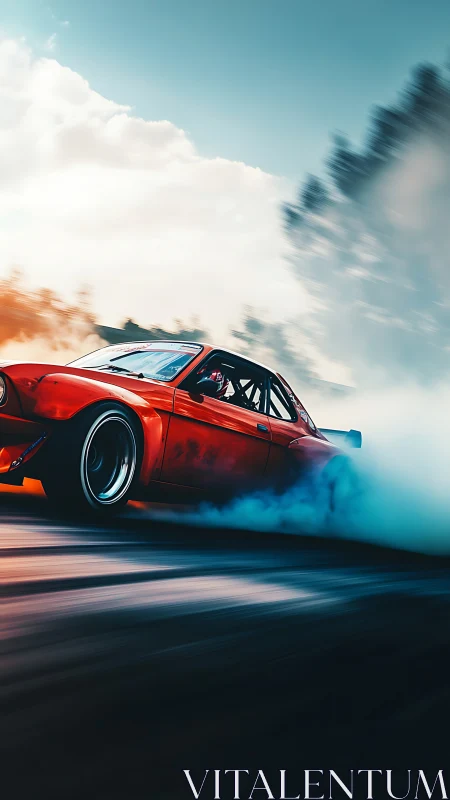 Red drift car tears through smoke on a sunlit racetrack