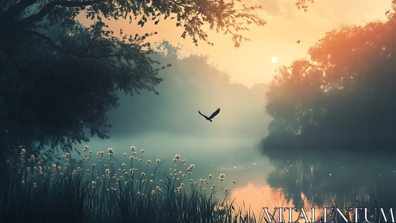 Digital painting of misty riverside sunrise with bird in flight.