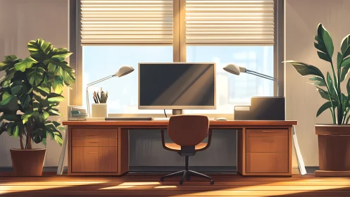 Sunny minimalist home office with wooden desk and plants.