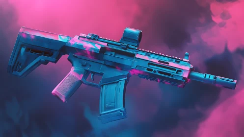 Neon skirmish rifle glows like arcade thunder in misty haze