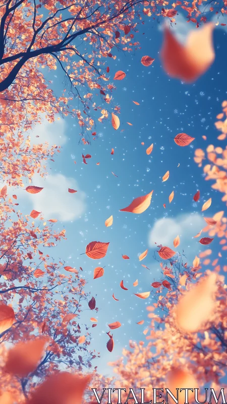 Autumn leaves spiral upward through bright blue sky