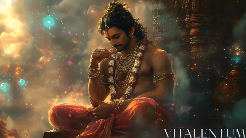 Mystic prince in ember-lit shrine wrapped in meditative calm.