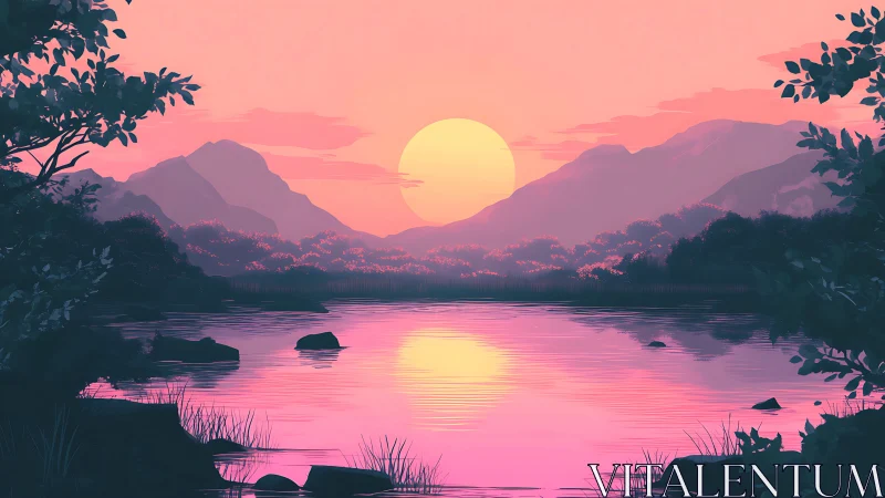Layered sunset lake landscape with soft gradient atmospheric depth