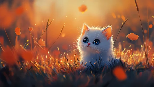 White Kitten in Golden Wildflower Field at Sunset.