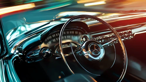 Gleaming classic car interior glowing with night drive energy.