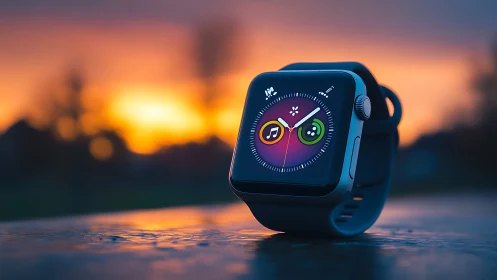 Smartwatch product shot with colorful UI at sunset glow.