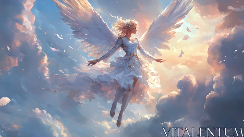 Radiant winged angel ascends through iridescent celestial cloudscape