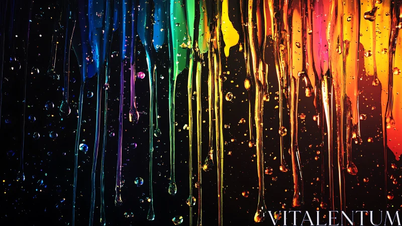 Dripping vertical rainbow paint streaks over dark background