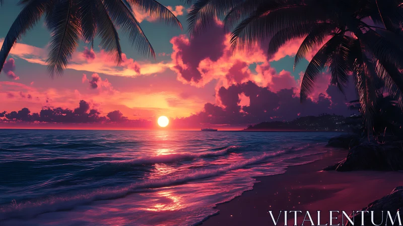 Neon-infused tropical sunset renders cinematic coastal serenity