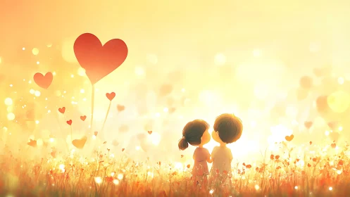 Two figures in field with heart-shaped flowers under warm light