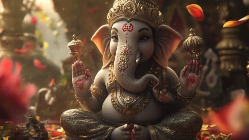 Detailed Ganesha idol in ornate golden temple setting.