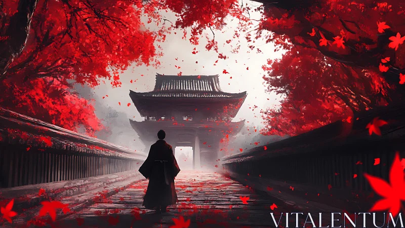 Samurai silhouette on maple path before misty temple gate.